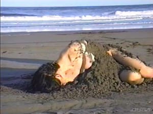 完全拘束された女優が海辺で水責め拷問を受ける